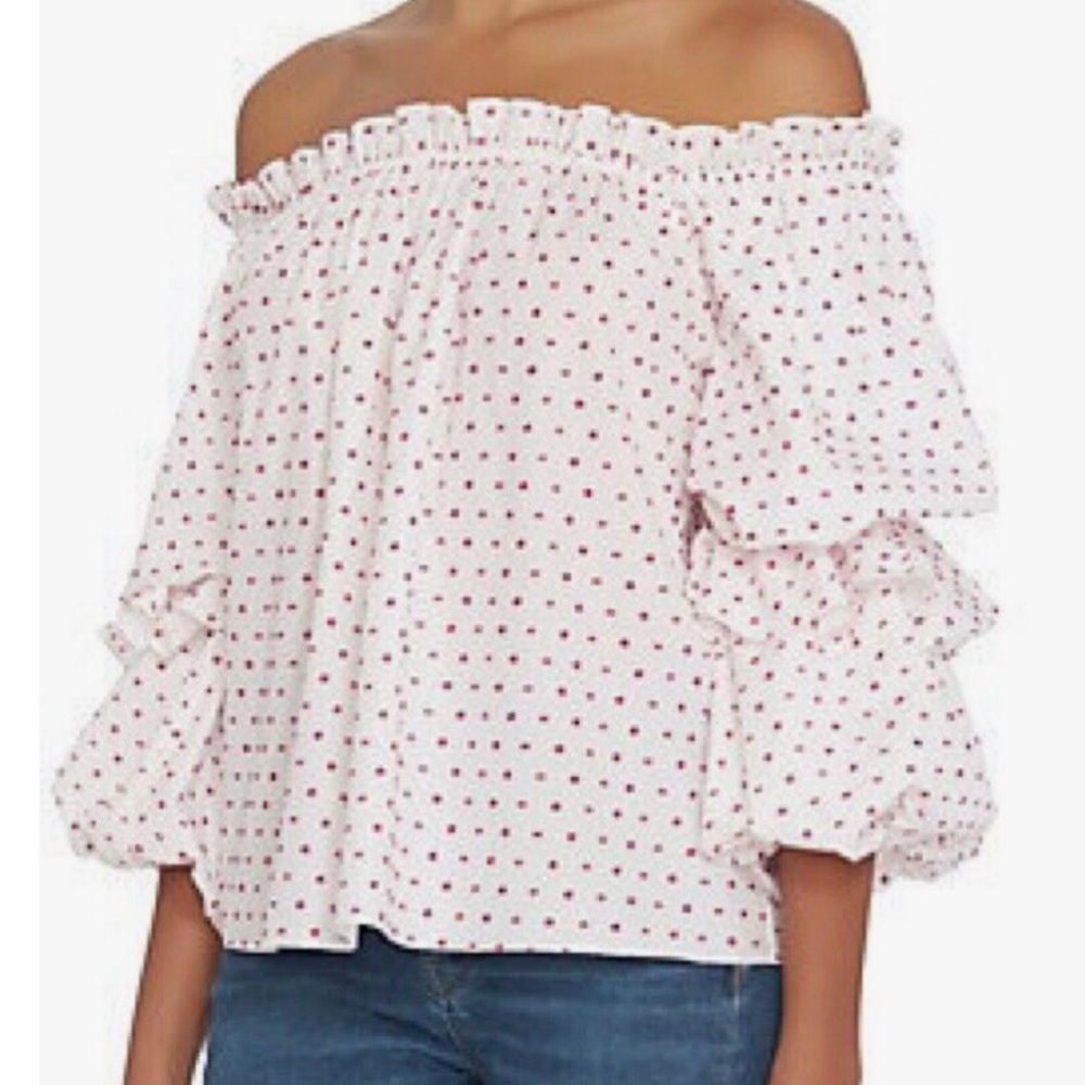 caroline constas for intermix. off the shoulder red and white blouse. S.